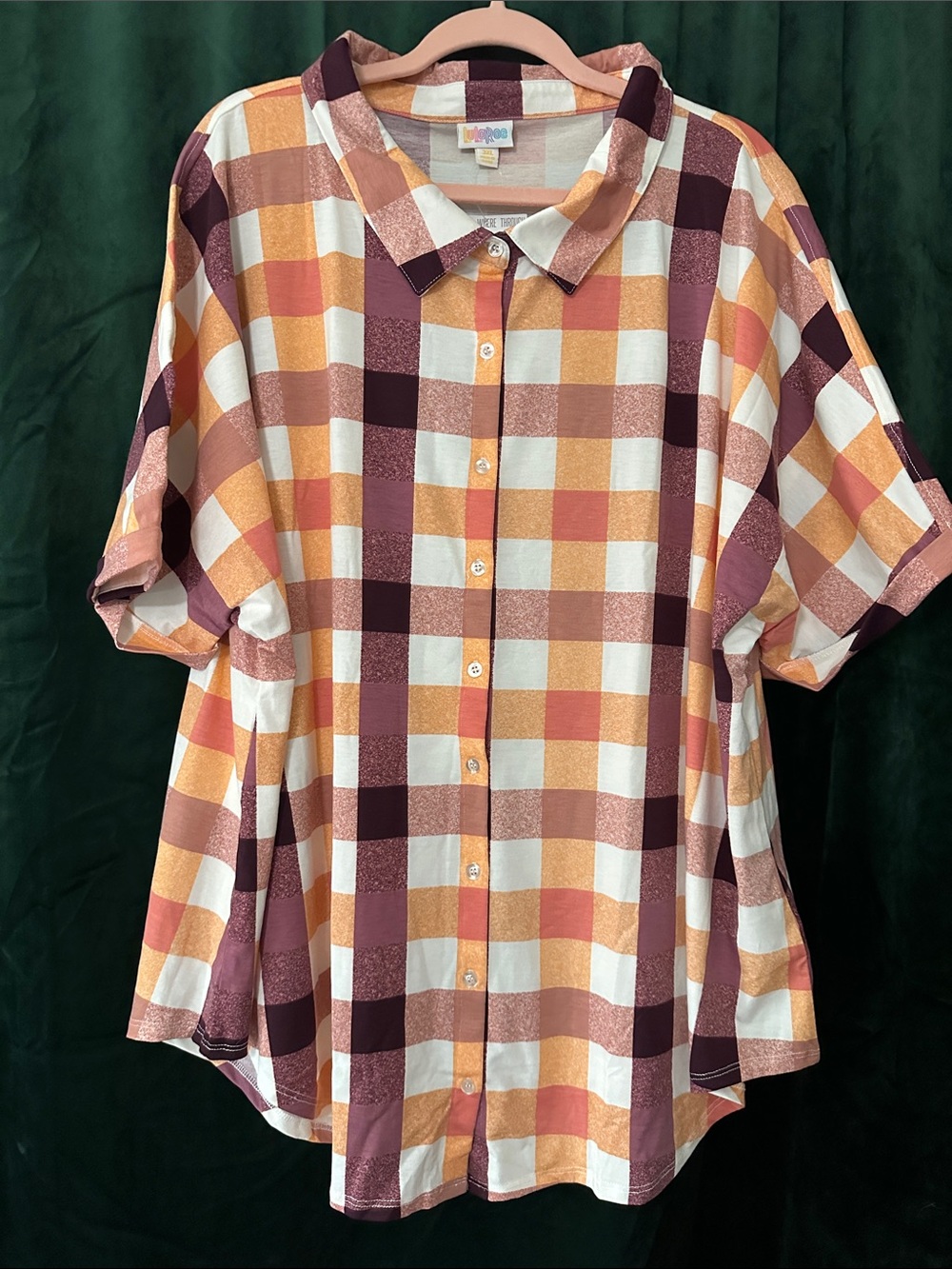 LuLaRoe Button-Up Plaid Top in Cream, Yellow, Orange & Purple